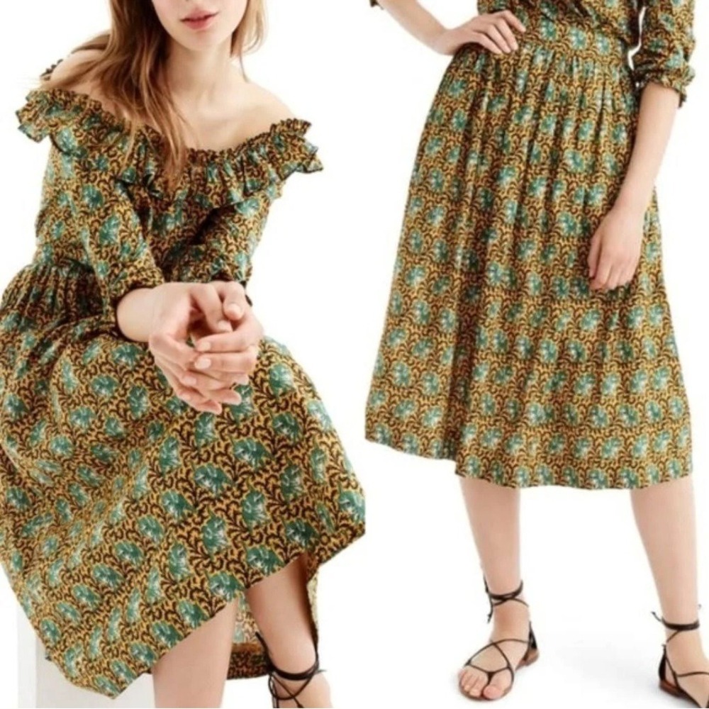 JCrew Elephant Print Set Off Shoulder Top Midi Skirt Yellow XS‎ S Animal Cotton